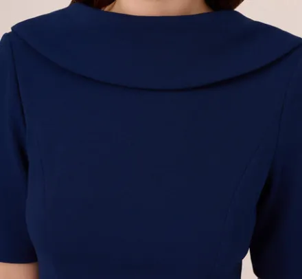 Adrianna Papell Wedding Guest Dresses|Day Dresses*Short Sleeve Crepe Dress With Rolled Neck In Navy Sateen
