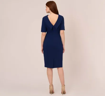 Adrianna Papell Wedding Guest Dresses|Day Dresses*Short Sleeve Crepe Dress With Rolled Neck In Navy Sateen