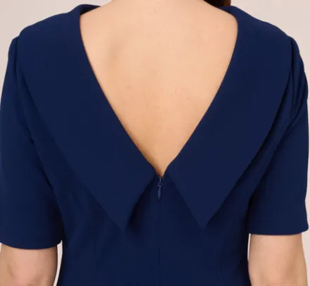 Adrianna Papell Wedding Guest Dresses|Day Dresses*Short Sleeve Crepe Dress With Rolled Neck In Navy Sateen
