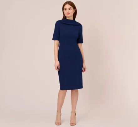 Adrianna Papell Wedding Guest Dresses|Day Dresses*Short Sleeve Crepe Dress With Rolled Neck In Navy Sateen
