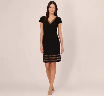 Adrianna Papell Wedding Guest Dresses|Day Dresses*Short Sleeve Pintucked Lace Dress With V Neckline In