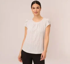 Adrianna Papell Tops & Blouses*Short Sleeve Printed Top With Pleated Details In Ivory Black Seed Dot