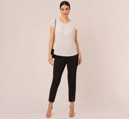 Adrianna Papell Tops & Blouses*Short Sleeve Printed Top With Pleated Details In Ivory Black Seed Dot