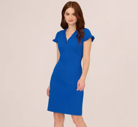 Adrianna Papell Wedding Guest Dresses|Day Dresses*Short Sleeve Sheath Dress With Ruffle Trim In Cobalt Blue