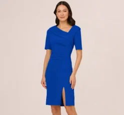 Adrianna Papell Wedding Guest Dresses|Day Dresses*Short Sleeves Sheath Dress With Asymmetrical Neckline In Violet Cobalt
