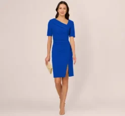 Adrianna Papell Wedding Guest Dresses|Day Dresses*Short Sleeves Sheath Dress With Asymmetrical Neckline In Violet Cobalt