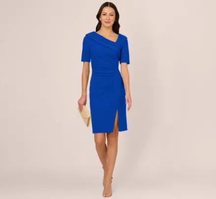 Adrianna Papell Wedding Guest Dresses|Day Dresses*Short Sleeves Sheath Dress With Asymmetrical Neckline In Violet Cobalt