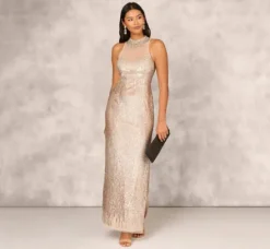 Adrianna Papell Wedding Guest Dresses|Formal Dresses*Sleeveless Beaded Column Gown With Illusion Neckline In