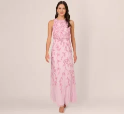 Adrianna Papell Wedding Guest Dresses|Formal Dresses*Sleeveless Blouson Mermaid Gown With Jasmine Beading In Pink Lace