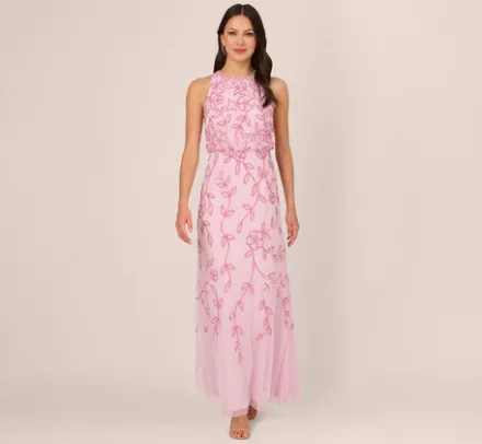 Adrianna Papell Wedding Guest Dresses|Formal Dresses*Sleeveless Blouson Mermaid Gown With Jasmine Beading In Pink Lace