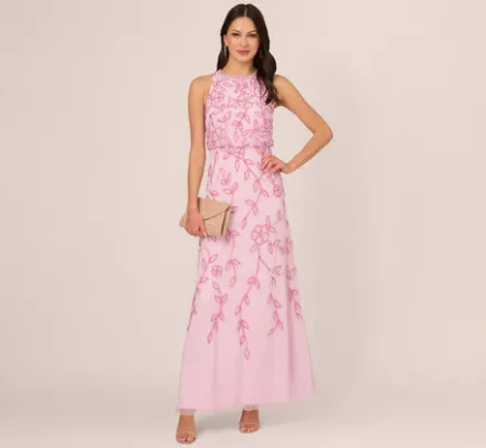Adrianna Papell Wedding Guest Dresses|Formal Dresses*Sleeveless Blouson Mermaid Gown With Jasmine Beading In Pink Lace
