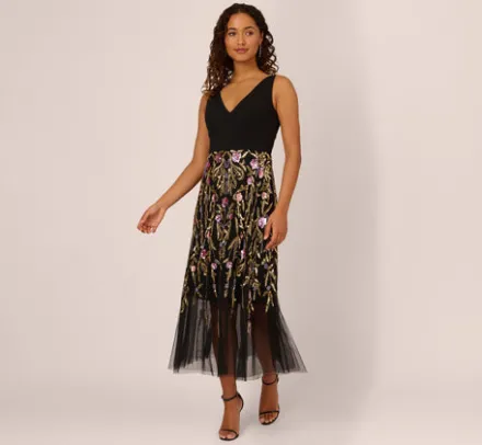 Adrianna Papell Wedding Guest Dresses|Grandmother Of The Bride & Groom*Sleeveless Crepe Gown With Floral Beaded Skirt In Black Multi