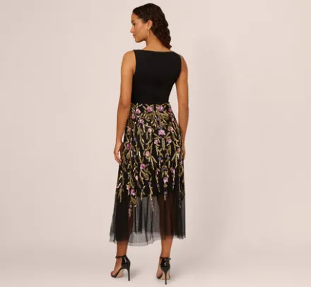 Adrianna Papell Wedding Guest Dresses|Grandmother Of The Bride & Groom*Sleeveless Crepe Gown With Floral Beaded Skirt In Black Multi