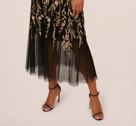 Adrianna Papell Wedding Guest Dresses|Grandmother Of The Bride & Groom*Sleeveless Crepe Gown With Floral Beaded Skirt In Black Multi