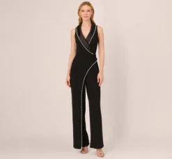 Adrianna Papell Jumpsuits*Sleeveless Crepe Tuxedo Jumpsuit With Pearl Trim In