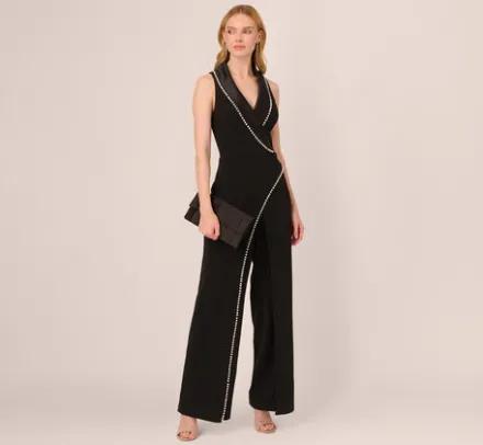 Adrianna Papell Jumpsuits*Sleeveless Crepe Tuxedo Jumpsuit With Pearl Trim In