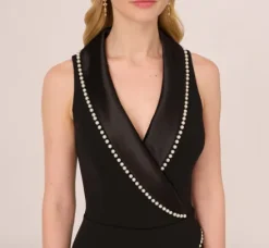 Adrianna Papell Jumpsuits*Sleeveless Crepe Tuxedo Jumpsuit With Pearl Trim In