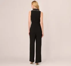 Adrianna Papell Jumpsuits*Sleeveless Crepe Tuxedo Jumpsuit With Pearl Trim In
