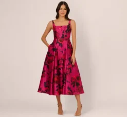 Adrianna Papell Wedding Guest Dresses*Sleeveless Fit And Flare Rose Jacquard Ankle Length Dress In Pink Multi
