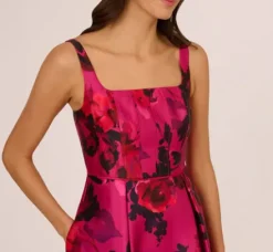 Adrianna Papell Wedding Guest Dresses*Sleeveless Fit And Flare Rose Jacquard Ankle Length Dress In Pink Multi