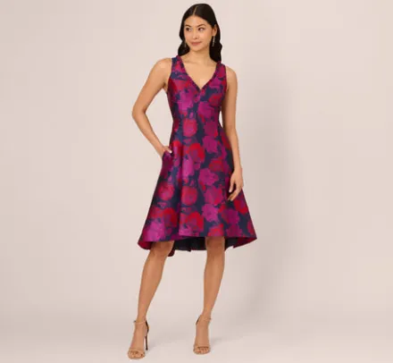 Adrianna Papell Wedding Guest Dresses|Day Dresses*Sleeveless Floral Jacquard Midi Dress With High Low Skirt In Navy Multi