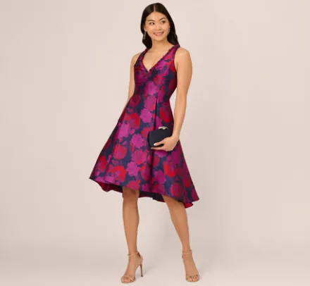 Adrianna Papell Wedding Guest Dresses|Day Dresses*Sleeveless Floral Jacquard Midi Dress With High Low Skirt In Navy Multi