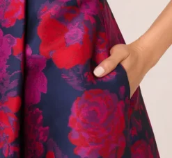 Adrianna Papell Wedding Guest Dresses|Day Dresses*Sleeveless Floral Jacquard Midi Dress With High Low Skirt In Navy Multi