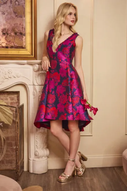 Adrianna Papell Wedding Guest Dresses|Day Dresses*Sleeveless Floral Jacquard Midi Dress With High Low Skirt In Navy Multi
