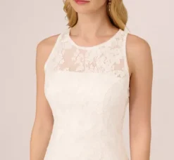 Adrianna Papell Little White Dresses*Sleeveless Floral Lace Dress With Feather Trim In