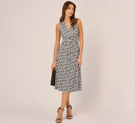 Adrianna Papell Ap Exclusives|Day Dresses*Sleeveless Geo Print Midi Dress With Knotted Detail In Black White