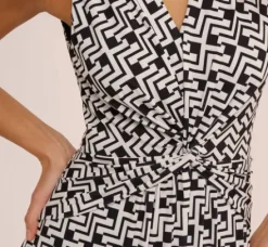 Adrianna Papell Ap Exclusives|Day Dresses*Sleeveless Geo Print Midi Dress With Knotted Detail In Black White