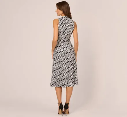 Adrianna Papell Ap Exclusives|Day Dresses*Sleeveless Geo Print Midi Dress With Knotted Detail In Black White