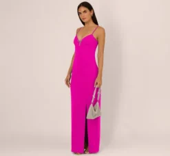Adrianna Papell Wedding Guest Dresses|Formal Dresses*Sleeveless Knit Crepe Rhinestone Bow Column Gown In Pink Flame