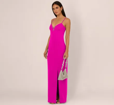 Adrianna Papell Wedding Guest Dresses|Formal Dresses*Sleeveless Knit Crepe Rhinestone Bow Column Gown In Pink Flame