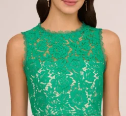 Adrianna Papell Wedding Guest Dresses|Day Dresses*Sleeveless Lace Fit And Flare Dress With Sheer Details In Botanic Green