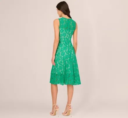 Adrianna Papell Wedding Guest Dresses|Day Dresses*Sleeveless Lace Fit And Flare Dress With Sheer Details In Botanic Green