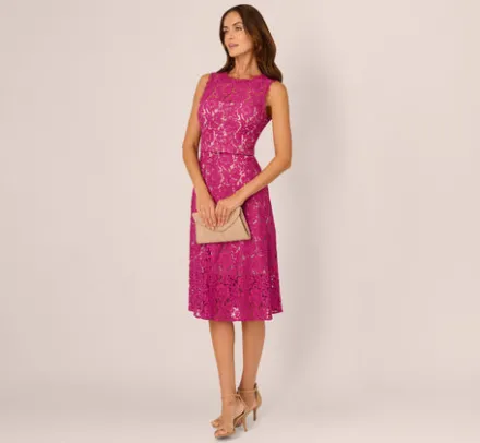 Adrianna Papell Wedding Guest Dresses|Day Dresses*Sleeveless Lace Fit And Flare Dress With Sheer Details In
