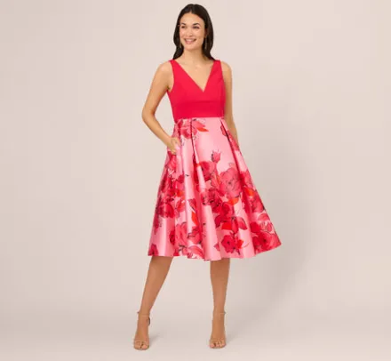 Adrianna Papell Wedding Guest Dresses|Petite-Friendly*Sleeveless Midi Dress With Floral Printed Mikado Skirt In Pink Red Multi