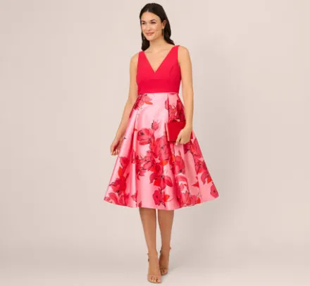 Adrianna Papell Wedding Guest Dresses|Petite-Friendly*Sleeveless Midi Dress With Floral Printed Mikado Skirt In Pink Red Multi