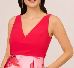 Adrianna Papell Wedding Guest Dresses|Petite-Friendly*Sleeveless Midi Dress With Floral Printed Mikado Skirt In Pink Red Multi