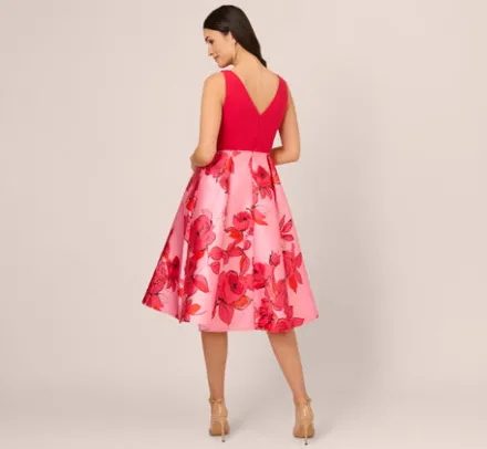 Adrianna Papell Wedding Guest Dresses|Petite-Friendly*Sleeveless Midi Dress With Floral Printed Mikado Skirt In Pink Red Multi