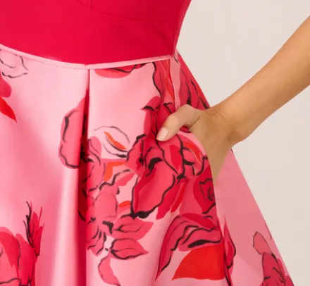 Adrianna Papell Wedding Guest Dresses|Petite-Friendly*Sleeveless Midi Dress With Floral Printed Mikado Skirt In Pink Red Multi