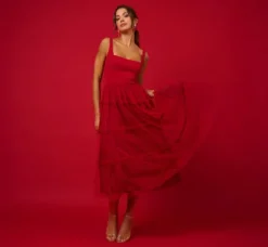 Adrianna Papell Wedding Guest Dresses|Petite-Friendly*Sleeveless Midi Dress With Square Neck And Tiered Skirt In Matador Red
