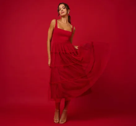 Adrianna Papell Wedding Guest Dresses|Petite-Friendly*Sleeveless Midi Dress With Square Neck And Tiered Skirt In Matador Red