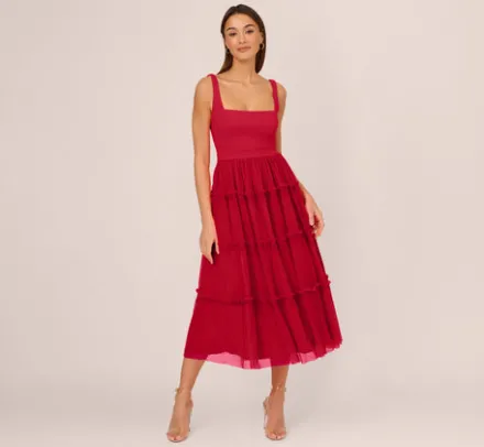 Adrianna Papell Wedding Guest Dresses|Petite-Friendly*Sleeveless Midi Dress With Square Neck And Tiered Skirt In Matador Red