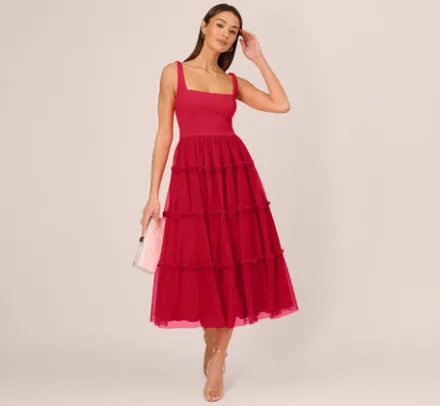Adrianna Papell Wedding Guest Dresses|Petite-Friendly*Sleeveless Midi Dress With Square Neck And Tiered Skirt In Matador Red