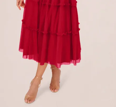 Adrianna Papell Wedding Guest Dresses|Petite-Friendly*Sleeveless Midi Dress With Square Neck And Tiered Skirt In Matador Red
