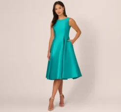 Adrianna Papell Wedding Guest Dresses|Petite-Friendly*Sleeveless Mikado Fit And Flare Midi Dress With V-Back In Exotic Jade