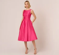 Adrianna Papell Wedding Guest Dresses|Petite-Friendly*Sleeveless Mikado Fit And Flare Midi Dress With V-Back In Electric Pink