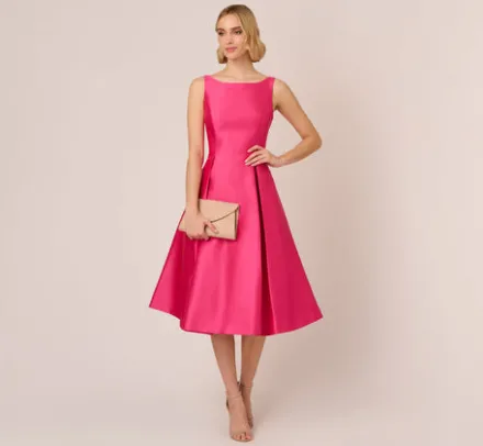 Adrianna Papell Wedding Guest Dresses|Petite-Friendly*Sleeveless Mikado Fit And Flare Midi Dress With V-Back In Electric Pink